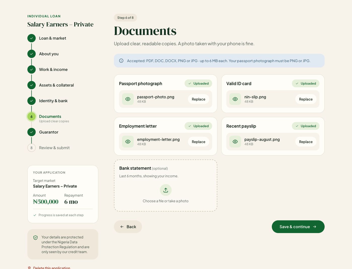 Required documents are marked; optional ones (like a bank statement) help your application.