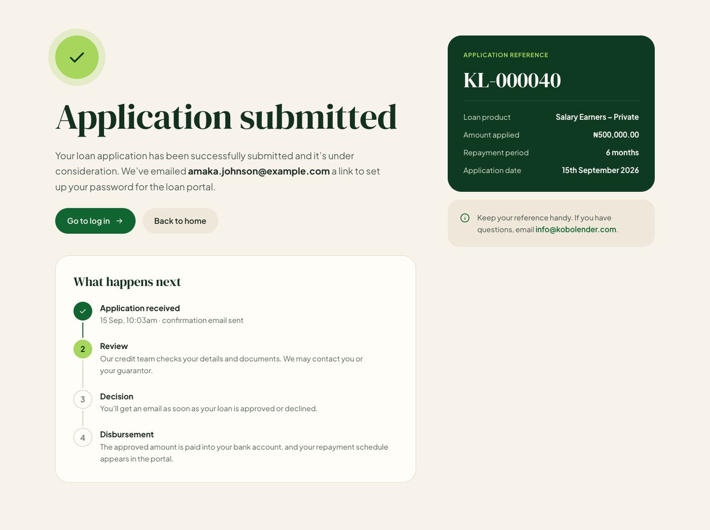 What happens next is shown on the confirmation page and in your email.