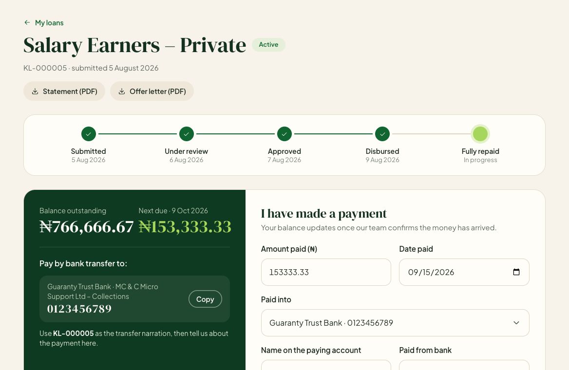 Your loan page: progress, balance, next repayment and your documents.