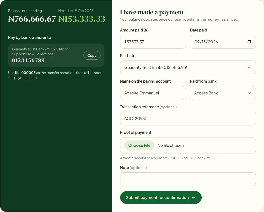 Our account details on the left, your payment details on the right.